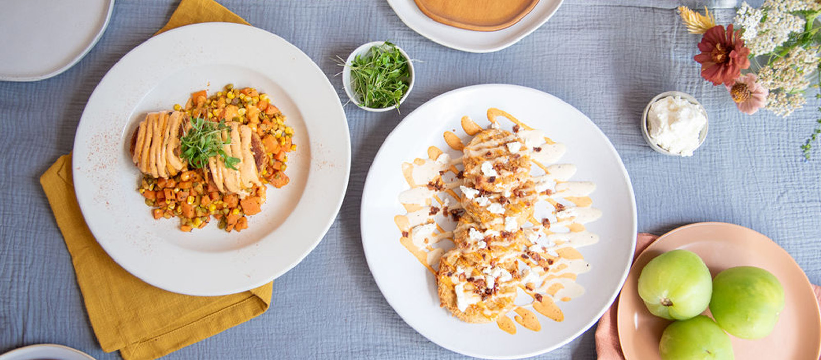 Gulf Lump Crab Cakes, Fried Green Tomatoes, and Sweet Potato Succotash